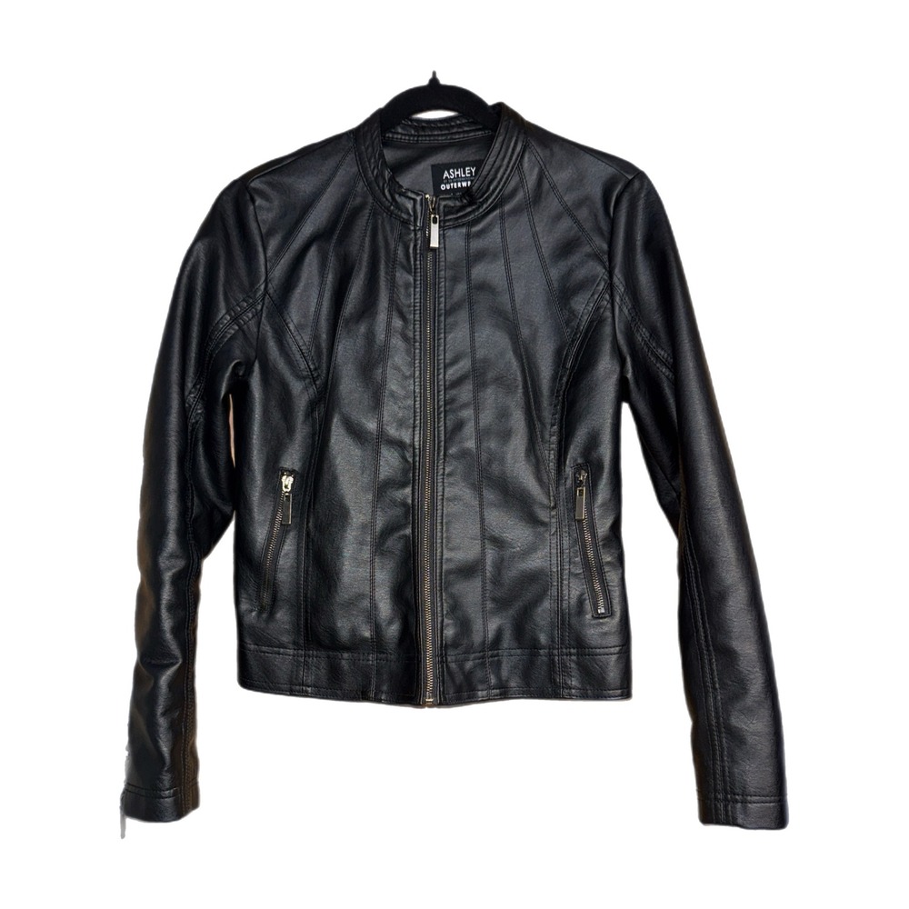 Ashley by 26 International Black Faux Leather Moto Jacket Womens Size Medium